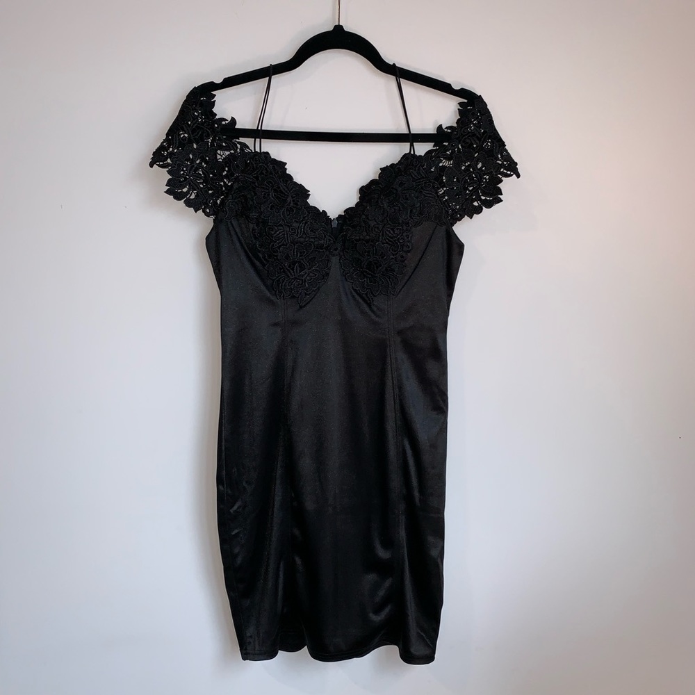Emprada Black Lace Off Shoulder Satin Dress